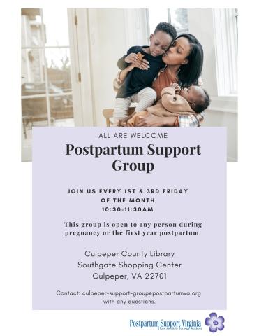 Postpartum Support Group: Every 1st and 3rd Friday of the Month from 10:30-11:30. 