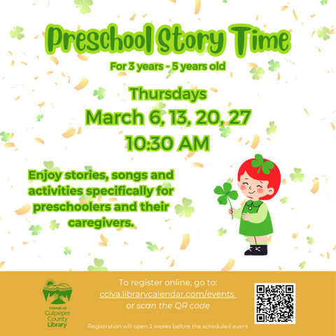 Child holding a clover with text about Preschool Story Time Event