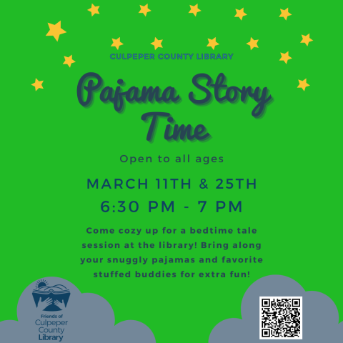 Clouds and stars with information about the Pajama Story Time event.