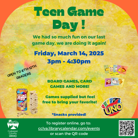 Board games, card games, and information about teen game event