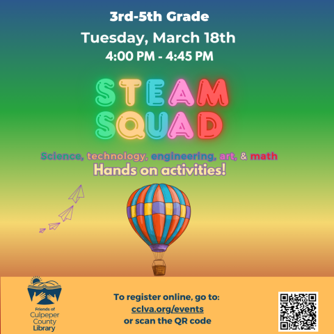 Flyer for STEAM Squad with Hot Air Balloon and Paper Airplanes