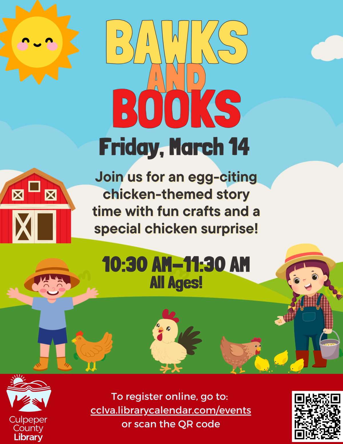 A flyer with chickens and barn describing the details for a chicken themed story time. 