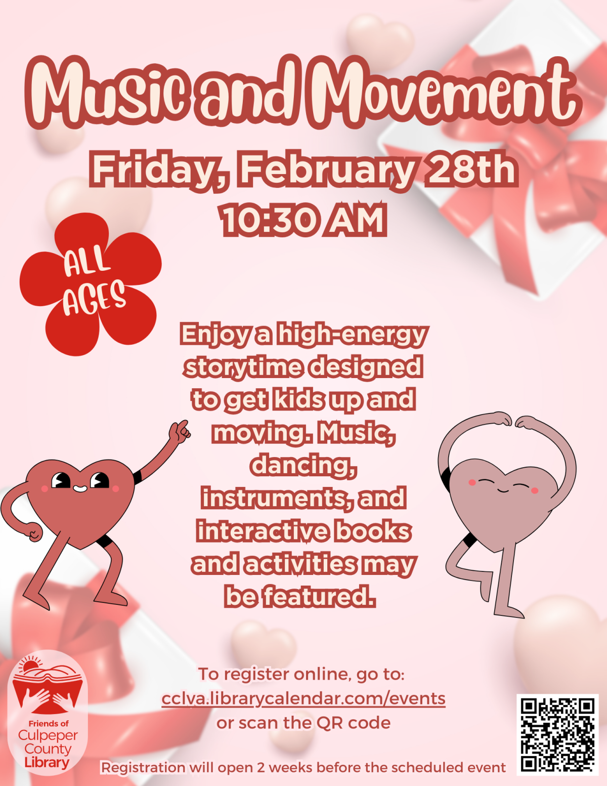 event details accompanied by anthropomorphic hearts dancing