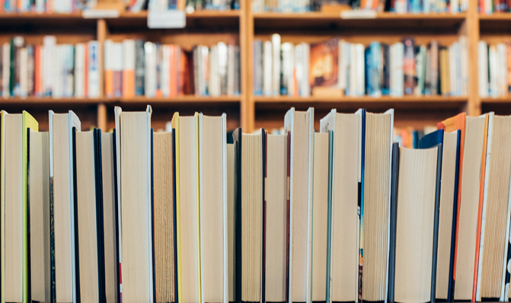 Books stacked in a row with page side facing out