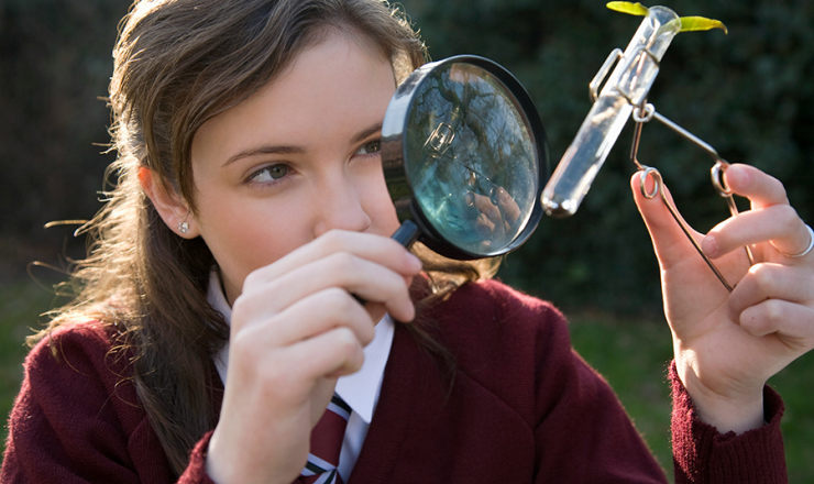 Young girl using a magnifying glass and propagation tube to inspect a sprout